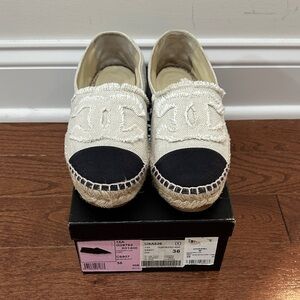 CHANEL Beige and Black Canvas Espadrilles Size 36